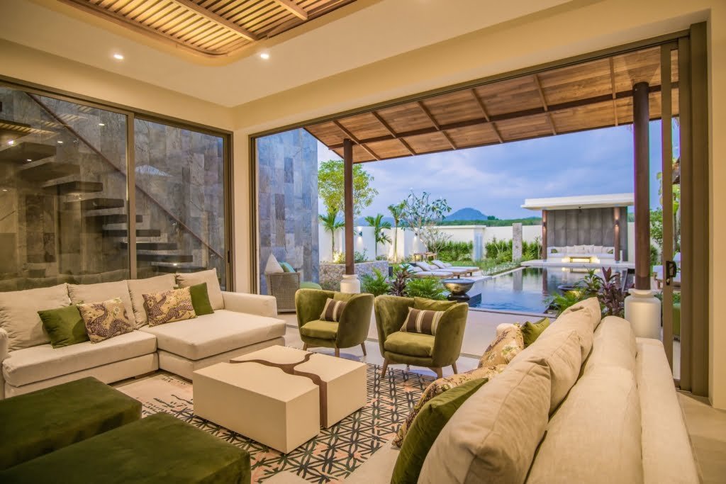 Modern living room in tropical pool villa, Bangtao
