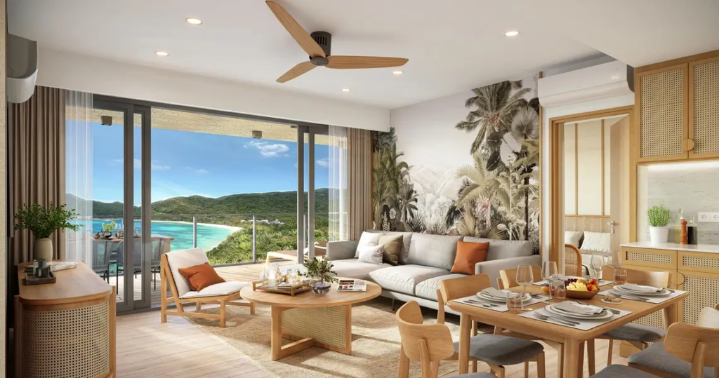 Modern living room with ocean view in luxury seaside condo, Phuket