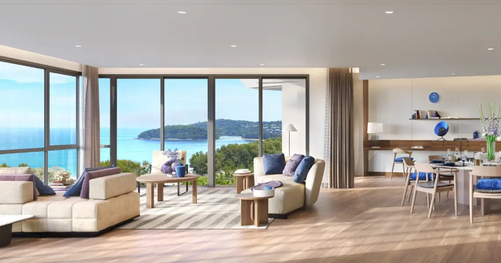 Modern living room with ocean views in exclusive condo, Phuket