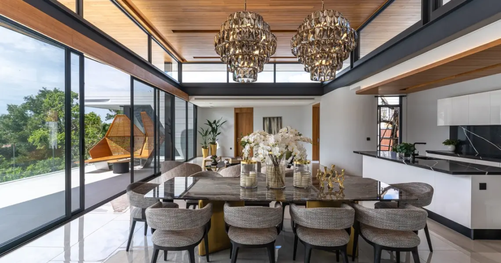 Luxurious interior of Phuket villa with mountain views