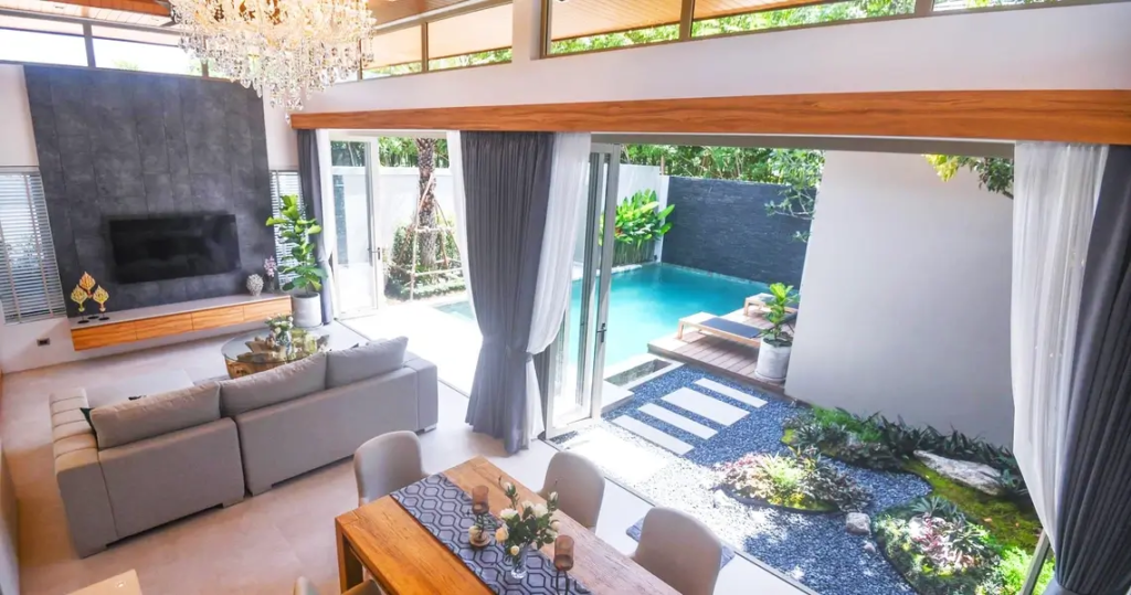 Tropical garden and pool at affordable luxury villa, Phuket